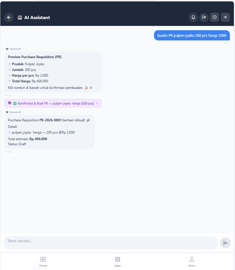 AI Assistant membuat Purchase Requisition